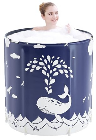 PLKO Foldable Bathtub Portable Soaking Bath Tub,Portable tub for adults,Collapsible Soaking Bath Tub for Shower Stall,Thickening with Thermal Foam to Keep Temperature(Blue Whale)