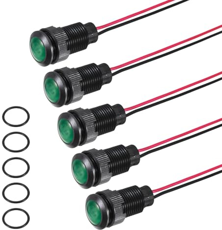 PATIKIL 5Pcs 12mm(15/32) Indicator Light,12V-24V AC/DC LED Plastic Shell Signal Lamp Waterproof IP67 Round Head Signal Lights with 150mm(5.9) Cable for Boat Car,Green