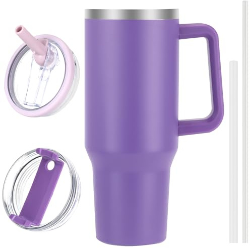 QDXMD 40 oz Tumbler with Handle and Flip Straw Lid, Vacuum Insulated Leak Proof Double Walled Stainless Steel Travel Mug Tumblers, Maintains Cold Ice and Heat for Hours(Dark Purple)