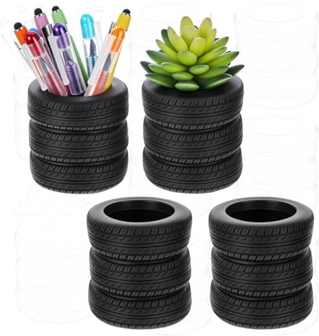 Nodaaiie 4 Pcs Tire Shaped Pen Holder, Car Tire Planter Holder for Men, Mechanic Gift, Desk Office Home Accessories Decor, Christmas Novelty Funny Supplies, Cactus Succulent Planter Pot