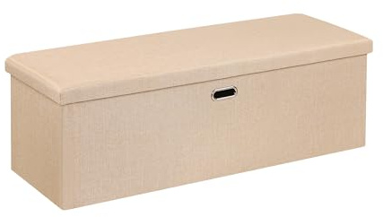 VECELO 43'' Folding Storage Ottoman Bench, End of Bed Linen Fabric Foot Rest Stool with Padded Seat, Large Footstools for Bedroom, Living Room, Load 660 lb, Khaki