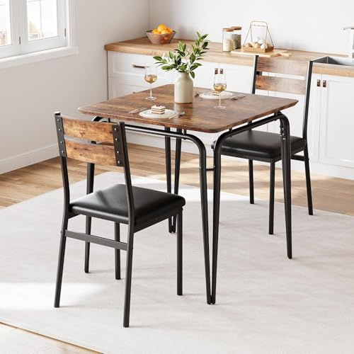 Garvee Conjunto Mesa y Sillas Comedor, Mesa Comedor con 2 Sillas, para el Hogar, la Oficina, Cocina, la Oficina y el Café (Marrón Vintage)