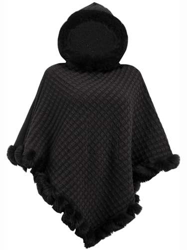 crazy bean Poncho Donna Invernale Caldo Elegante Mantella Scialle in Maglia Girocollo con Cappello Coperta Calda Invernale Nero