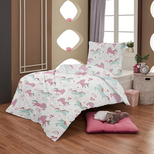 Aminata kids Biber Bettwäsche 135x200 Einhorn-Motiv Kinder Mädchen Rosa YKK Reißverschluss - Einhorn-Wende-Bettwäsche-Set - 100% Baumwolle