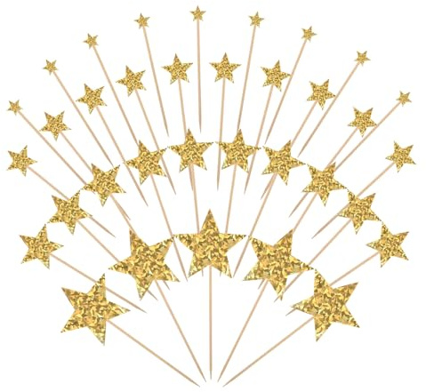 35 Pcs Gold Star Cupcake Toppers, Glitter Star Cake Topper, Mixed Size | Gold Stars Decorations, Cupcake Picks, Cake Decorations, for Party, Birthday, Baby Shower, Wedding, Bridal