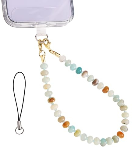 Mikovivi Phone Charm with Beaded Crystals, Natural Stone Cell Phone Strap with Tether Tags Cute Beaded Wristband Pendants for Women Lucky Gift (Amazon Stone)