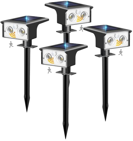 btfarm Solar Spot Lights Outdoor Waterproof, 4 Pack/3 Modes Motion Sensor Lights, Solar Powered Spotlights 2-in-1 Auto On/Off for Outside Pathway Yard Garden Lighting, Cool White