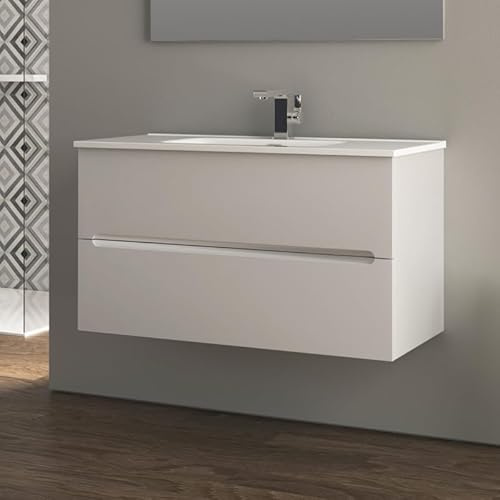 Yellowshop | Mobile Bagno Sospeso 100 cm in MDF PVC con Lavabo in Ceramica KIM, 2 Cassetti Soft-Close e Maniglia a Gola – Design Moderno – Composizione con Lavabo (Bianco Opaco)