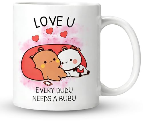 Bubu Dududu, tazza da caffè stampata su entrambi i lati, dolce tazza per vin brulé, smalto bianco, per donne e bambini, idea regalo per San Valentino, 350 ml