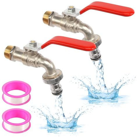 2 Stück Wasserhahn Garten 1/2 Zoll Messing Kugelhahn Wasserhahn Aussen mit Rollendichtband Außenwasserhahn Rost Auslaufhahn für Garten Waschmaschine Regentonne