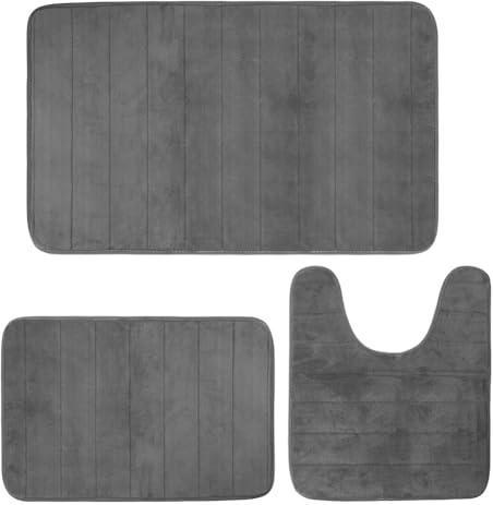 Umllpet Set di 3 tappeti da bagno, antiscivolo, assorbenti, in schiuma e a forma di U, per doccia, WC e vasca da bagno, grigio scuro