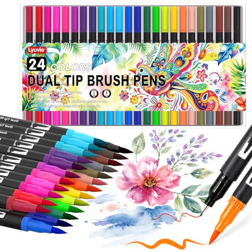 Lyuvie 24 Farben Filzstifte Set, Pinselstifte Aquarell Brush Pen Set, 1-5 mm und 0,4 mm Pinselstifte und Fineliner Marker zum Zeichnen, farbiges Mandala