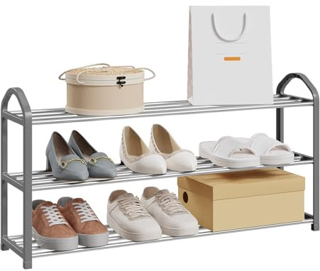 eSituro Schuhregal 3-Ebenen – Metallrohrgestell, Grau, für Flur, Wohnzimmer, Schlafzimmer, Garderobe
