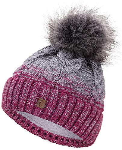 Faera Wintermütze Mütze Damen warm gefüttert mit Kunstfell Bommel-Mütze Fleecefutter Winter Strickmütze Beanie