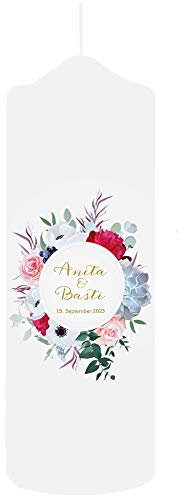 Hochzeitskerze mit Namen und Datum 23 cm groß, weiß mit Blumenkranz - Boho Traukerze zur Hochzeit Blumen Motiv, individueller Spruch