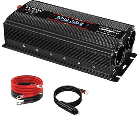 LVYUAN Spannungswandler 24V 230V 1500W/ 3000W Wechselrichter Stromwandler mit LCD Bildschirm, 2 EU Steckdose, Lüfter und 5V USB Anschlüsse inkl Kfz Zigarettenanzünder Stecker, Schwarz