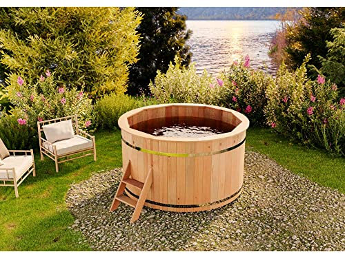 Finntherm Holz Badefass Bergen, Hot Tub Ø 160 x 101 cm, 3-4 Personen, inkl. Einstiegsleiter, Schwimmbecken, Badebottich, Sprudelbad