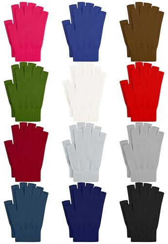 URATOT 12 Pairs Winter Half Finger Gloves - Unisex Fingerless Knit Solid Typing Warm Stretchy Gloves for Men Women