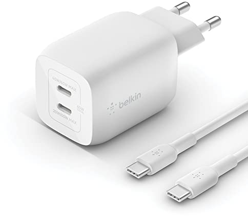 Belkin 65-W-USB-C-Ladegerät mit 2 Ports und USB-C/C-Kabel, Schnellladen mit Power Delivery 3.0 und GaN-Technologie für MacBook Pro, iPhone 17, iPhone Air, iPad, Galaxy S25, Pixel 10, Laptop, usw.