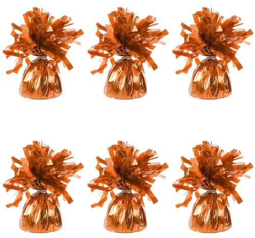 Pesas de globo de aluminio para globos de helio en lámina naranja, 6 x 160 g, peso pesado para globos de cumpleaños, boda, celebración, decoración con borlas