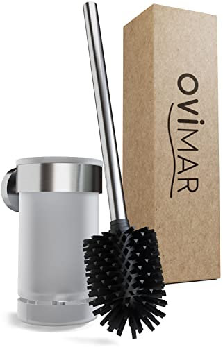ovimar Toilettenbürste Tranerodde | Silber | Wandmontage mit Bohren | Silikon Klobürste | WC Bürste mit Belüftungsfunktion | zum Bohren oder Kleben | aus Edelstahl | WC Bürstenkopf wechselbar