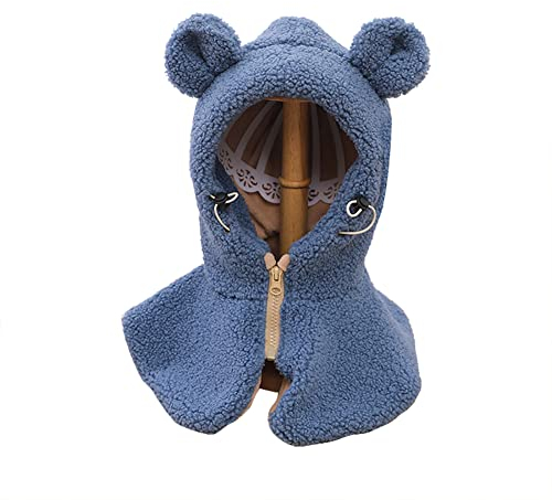 Warm Mütze und Schal Set für Kinder Jungen Mädchen 2-5 Jahre, Kinder Beanie Wintermütze Warm Niedlich Schlupfmütze Hut Kinder Fleecefutter Schalmütze Cartoon Kapuzenschal,Blau