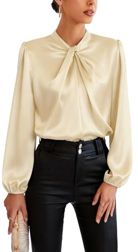 GRACE KARIN Womens Dressy Business Casual Blouses,Long Sleeve Tops,Silk Satin Dress Shirt Fall Outfits 2025 Apricot M