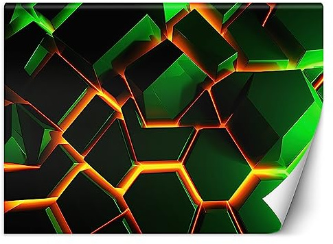 Feeby Fototapete 3D Effekt Kinder Junge 300x210 cm Grün XXL Vlies Wandtapete Tapeten Wohnzimmer Schlafzimmer Jugendzimmer Moderne Design Wandbild Wand Dekoration Neon Gaming