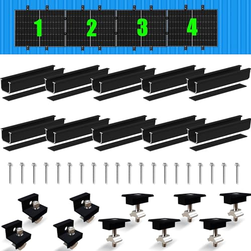 Warmfay Juego de montaje para módulo solar, perfil de aluminio negro de 12 cm y abrazaderas ajustables, fijación para módulo solar, soporte para panel solar, 4 módulos 30-35 mm para techo plano, chapa