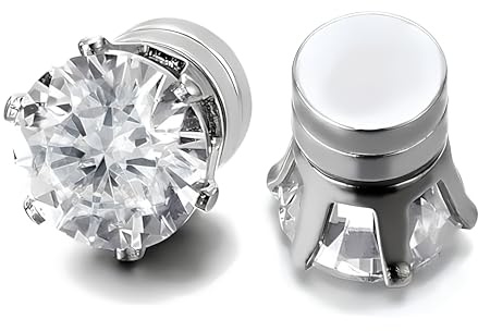 Boucles d'oreilles pour homme en diamant, aimants fausses boucles d'oreilles pour homme Click-on Faux Piercing Faux Dilatateur Faux Plug,Argent Zircon Simulé Diamant Brillant, 6mm, Zircon, Zircone