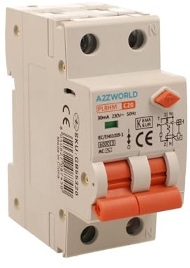 Interrupteur magnétothermique différentiel 30 mA 20 A C20, RCBO type AC courbe C, 1P+N 6 kA 30 mA, occupe 2 modules DIN