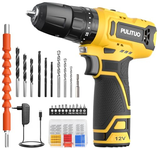 PULITUO Akku Bohrschrauber Set 12V, Kompakter Akkuschrauber 35 N·m Drehmoment, 21+1+1 Drehmomentstufen, 1300 mAh Batterie mit LED Licht, 2-stufiger Drehzahlregelung, für Heimwerken und DIY (Gelb)