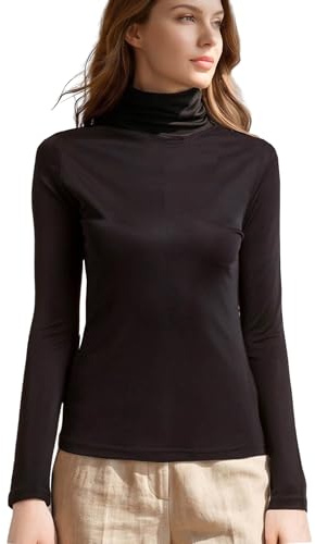 MOROUTLINE Silk Tops Turtleneck Long Sleeve Silk T Shirt Ultra Soft Thermal Layer Tops Slim High Neck Blouse Black Medium