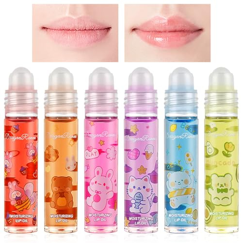 AOOWU Glitzer-Lipgloss Aufrollen, Farblos Roll on Lip Glow Oil Durchsichtig, 6 Stäbchen Moisturizing Lippenöl, Lip Gloss für Langanhaltend Glossy Pflegende Lippen (Tier)