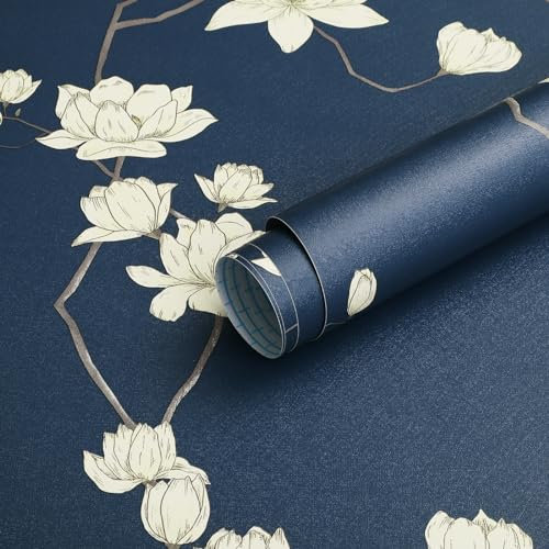 Fiula Carta da parati autoadesiva, 44 cm x 3 m, impermeabile, motivo floreale, per mobili, in vinile, per soggiorno, camera da letto, blu navy, beige, vintage, colore: beige