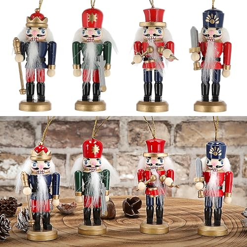 Cepewa Nussknacker zum Aufhängen 4er Set | bunt 3,5x8x2,5cm Kiefernholz | Weihnachtsfigur Baumschmuck-Anhänger (1 x 4er Set Nussknacker bunt)
