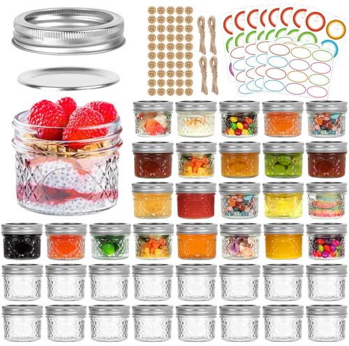 TOEKSIX Mini Mason Jars 4 oz 40 Pack, Regular Mouth Mason Jar with Lids and Seal Bands, Small Glass Canning Jar for Spice, Jam, Honey, Jelly, Dessert, Shower Wedding Favors, DIY Candles Decor