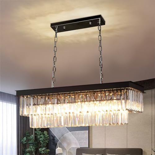 Depuley Modern Kronleuchter Kristall, 80cm Pendelleuchte esstisch schwarz, Rechteckiger Kristall Hängeleuchte mit klarem Kristallanhänger, hängelampe für Wohnzimmer, Esszimmer, Restaurant, E14 x 8