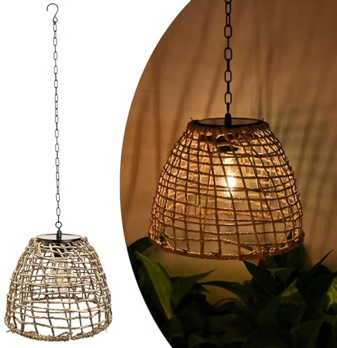 Utomhus hängande lampa Solarlykta IP44 vattentät trädgårdssollampa Boho Rattan lampaskärm pendellykta hängande lampa med LED-glödlampa trädgårdsbelysning för uteplats terrass balkong gård paviljong