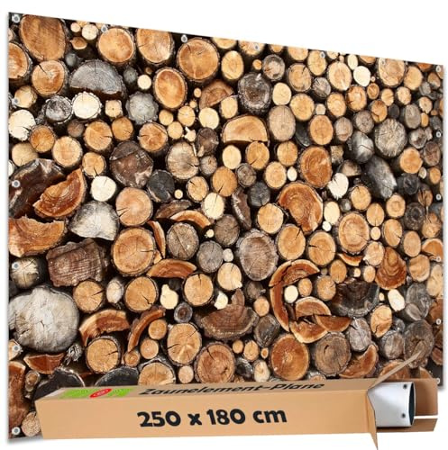 TRIOSK Sichtschutz Garten Deko Zaun Plane Blickdicht groß mit Zaunblende Motiv Holz Stapel Baumstämme für Zaunelement Doppelstabmatten Stabmattenzaun Gartenzaun PVC 250x180 cm
