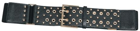 AGUTALITHIC Damen 65mm Breiter Elastischer Taillengürtel Doppelloch Nietengürtel Vintage Stretchy Kleid Dekoration Gürtel Hüftgürtel mit Gold Quadratische Schnalle(95cm/Waist:30~32, Black)