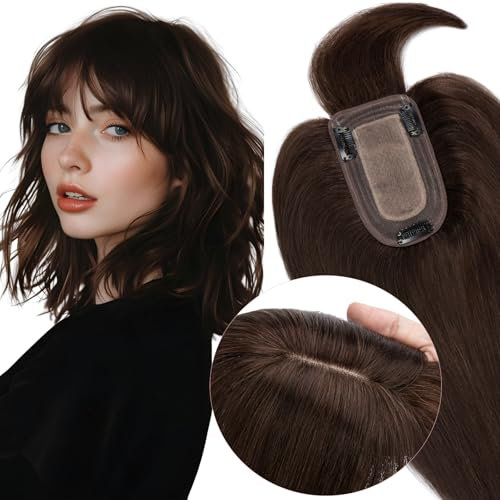 Elailite Hair Topper Donna Capelli Veri Clip in Lace con Frangia 40cm 2# Marrone Scuro Toupee Toupet Silk Base 7cm*13cm Human Hair Indiani 150% Density 48g
