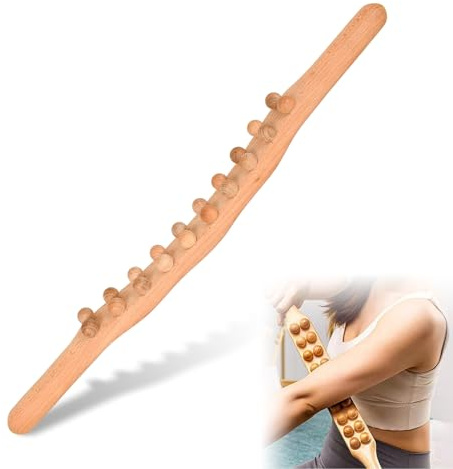Massagestab Holz Lang - 20 Perlen Gua Sha Massagestab, Massage Werkzeug, Massageroller für Nacken, Rücken, Schulter und Bauch, Ergonomisches Design, Langlebiges Massagegerät (58cm)