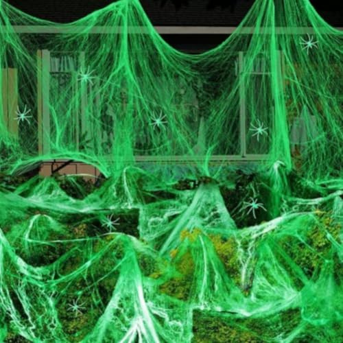 RANJIMA Halloween Deko Spinnennetz, 200g Leuchtend Spinnweben Dekoration mit 30 Horror Schwarz Spinnen, Spider Web Halloween Decoration für Innen, Außen, Häuser, Garten, Spukhaus, Party Zubehör