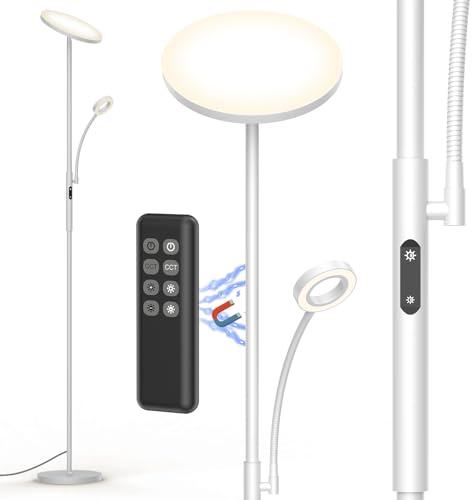 Amdelne Stehlampe Leselampe Grau, 30W+5W 4200LM Deckenfluter LED, 3000K-6000K Stufenlos Dimmbar Stehleuchte Wohnzimmer mit Fernbedienung & Touch Steuerung, LED Standleuchte für Schlafzimmer,Büro
