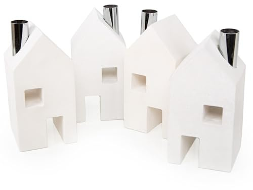 Logbuch-Verlag 4 Stabkerzenhalter Häuser Adventskranz aus Zement weiß Silber Kerzenhalter für Stabkerzen Deko Haus 18 cm
