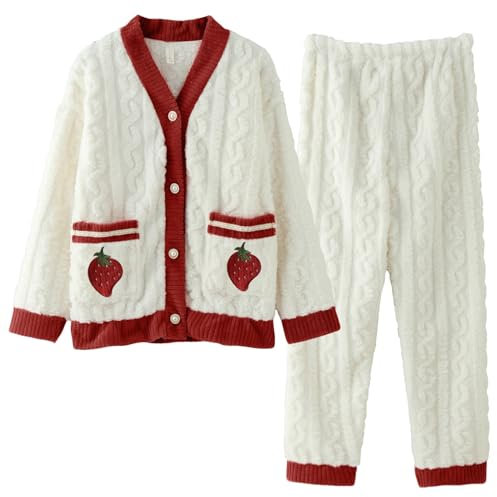 TYUIOP Zweiteiler für Damen Schlafanzug lang Baumwolle Pyjama Set Zweiteiliger Rundhals Oberteil und Clearance frottee Hosen Loungewear Strick