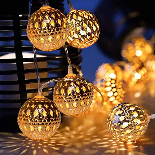 Luci a Sfera marocchine Vintage, 3,3 m/10 Piedi 20 LED in Metallo Oro Rosa Goble abbagliante Lanterna marocchina a Batteria luci a Corda per casa Camera da Letto Giardino Festa di Nozze Decorazione