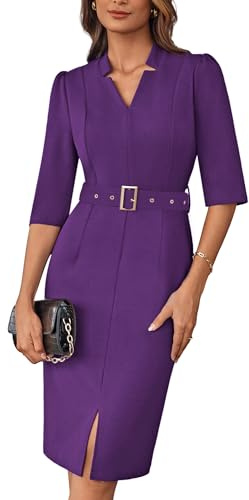GRACE KARIN Femme Robe Moulante Midi à Manches 3/4 avec Col en V Élégant, Coupe Ajustée, Robe d’Affaires Wrap avec Ceinture, violet, L