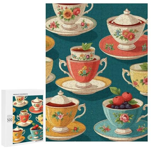 Teacups Colorful Tea Time Jigsaw Puzzle for Adults and Kids Challenging Puzzle Game Nights Jigsaw Puzzle Unique Gifts 500 Piece Funny Puzzles
